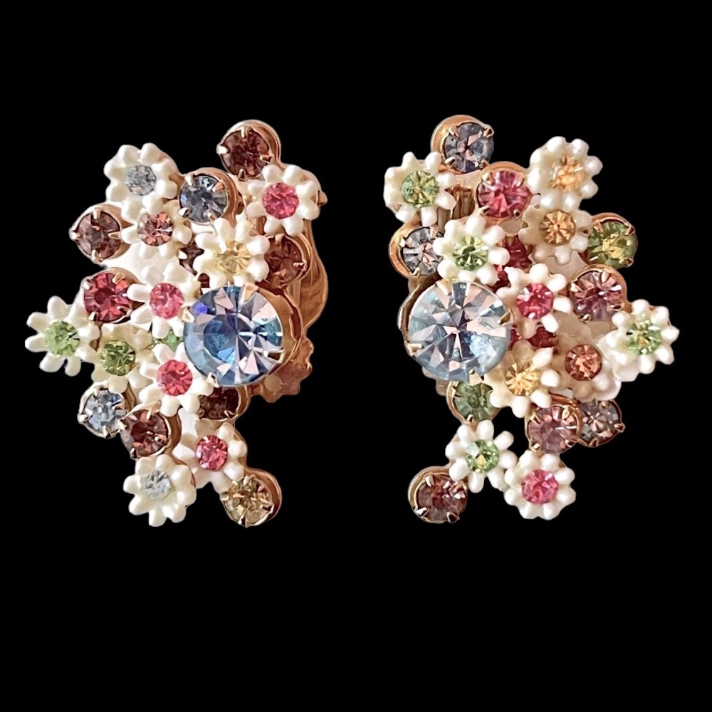Vintage LERU Earrings Retro Floral Ear Clips Pastel Bouquet Rhinestone Designer
